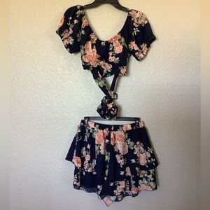 Shein Curve Floral Print Puff Sleeve Cropped Top & Shorts Set Women's Size 0XL